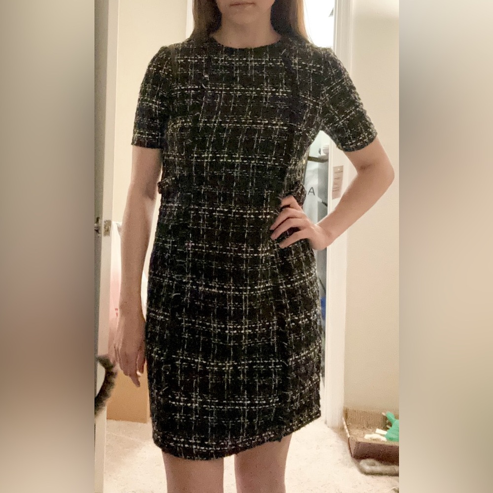 Nanette Lepore Black Tweed Short Sleeve Mini Dress with White Threading